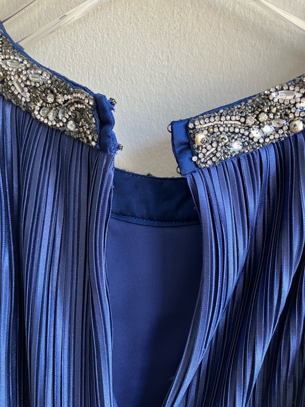 Aidan Mattox Navy Pleated Midi Dress Size 8 Beaded Yoke Sleeveless Wedding Guest - Picture 6 of 13